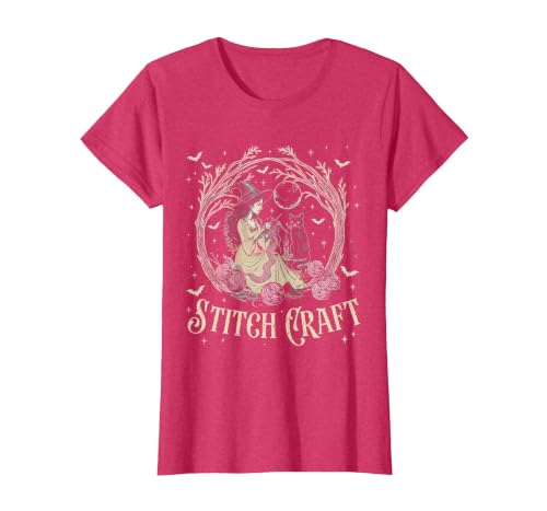 Witch Black Cat Halloween Witches Crochet Womens Stitch Craft Salem Witch Halloween Cat Witch Girls Trip T-Shirt - size chart