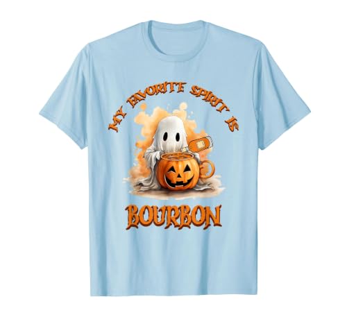 Boo Watercolor Pumpkin Cup Light Witch Hat Bottle Bourbon My Favorite Spirit is Bourbon Happy Halloween Boo T-Shirt - size
