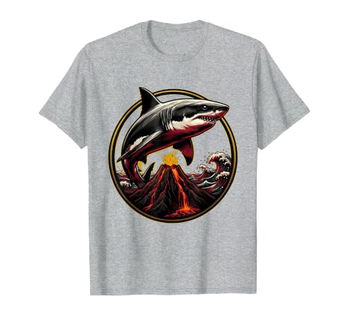 Mademark Shark Leaping Over Volcanic Island Peak T-Shirt - size chart