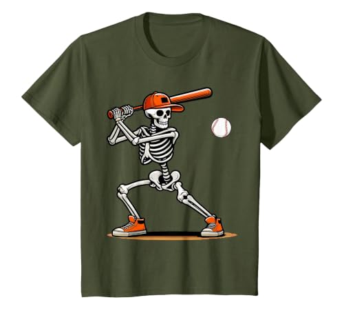Funny Halloween Skeleton Sports Boys Costume Baseball Skeleton Spooky Boys Halloween Baseball Player T-Shirt - size chart