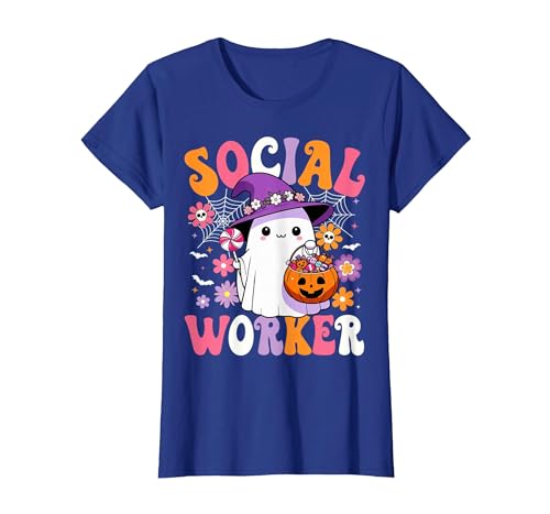 Groovy Social Worker Halloween Ghost Costume Halloween Social Worker Ghost Cute Social Worker Halloween T-Shirt - size chart