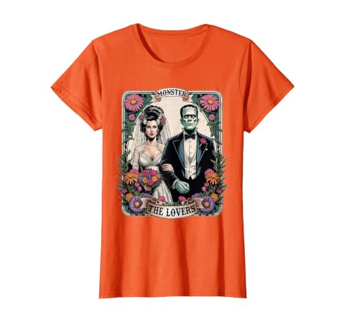 The Lovers Tarot Card Spooky Halloween Women Men The Monster Frankenstein and Bride The Lovers Tarot Card T-Shirt - size