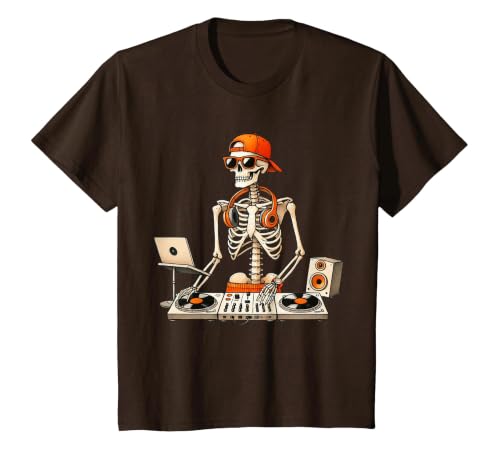 Funny Skeleton DJ Halloween Men Outfit Skeleton DJ Halloween Costume Turntable Music Funny Men Boys T-Shirt - size chart