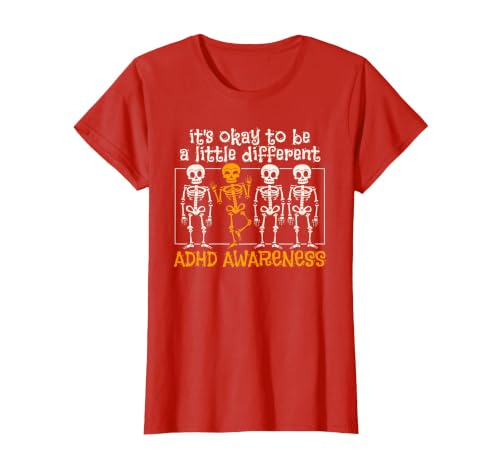 Orange Ribbon ADHD Awareness clothing Halloween Skeleton ADHD Awareness T-Shirt - size chart