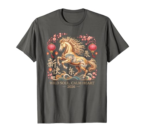 Chinese New Year 1990 Birthday Fortune Prosper Red Festive 2026 Horse Lady Crazy Wild Soul Calm Heart Lunar T-Shirt - size chart