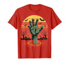 Creepy Undead Zombie Hand Retro Sunset Scary Zombie Hand Retro Sunset Halloween Horror Tee T-Shirt - size chart