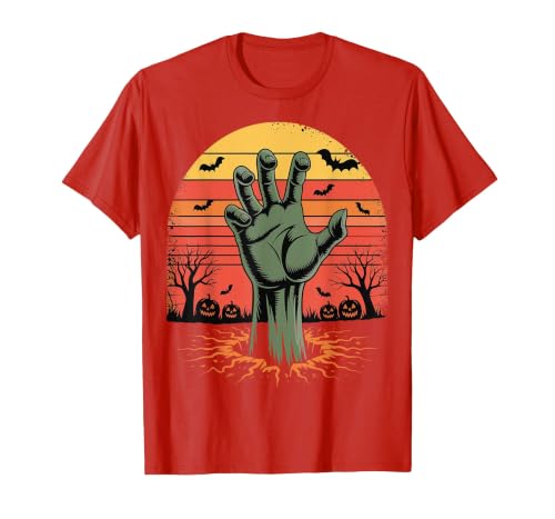 Creepy Undead Zombie Hand Retro Sunset Scary Zombie Hand Retro Sunset Halloween Horror Tee T-Shirt - size chart