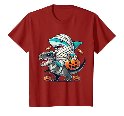 Funny Shark Dinosaur Halloween Kids Boys Tees Shark Riding Dinosaur T-rex Funny Halloween Pumpkin Boys Kid T-Shirt - size