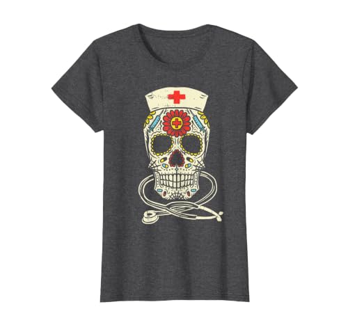 Halloween Nurse Shirts For Women Scrub Costumes Nurse Sugar Skull Stethoscope RN Medical Halloween Costume T-Shirt - size