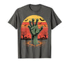 Creepy Undead Zombie Hand Retro Sunset Scary Zombie Hand Retro Sunset Halloween Horror Tee T-Shirt - size chart