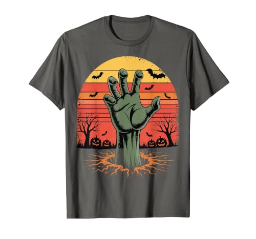 Creepy Undead Zombie Hand Retro Sunset Scary Zombie Hand Retro Sunset Halloween Horror Tee T-Shirt - size chart