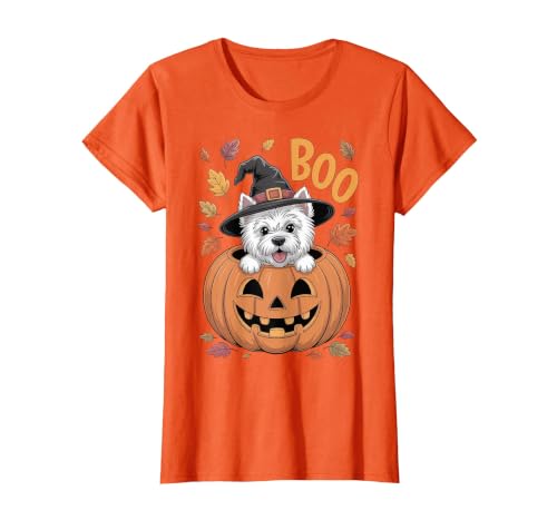 Westie Halloween kids, women, men Westie Costume Pumpkin Halloween West Highland White Terrier T-Shirt - size chart