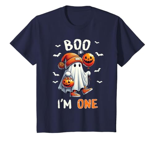 Halloween Boo I'm First 1st Birthday Boy Boo I'm One Ghost 1st Birthday Halloween Boy Kids Groovy T-Shirt - size chart