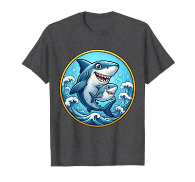 Dad and Son Matching Big Little Shark Ocean Design T-Shirt