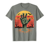 Creepy Undead Zombie Hand Retro Sunset Scary Zombie Hand Retro Sunset Halloween Horror Tee T-Shirt - size chart