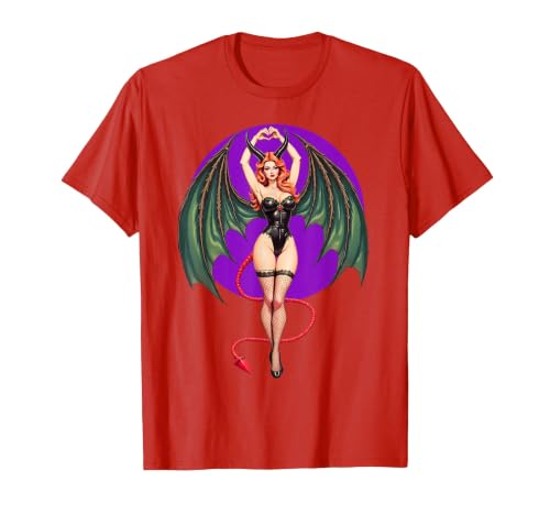 Classic Vintage Pin-Up Sexy Girl by YUX Sexy Succubus Monster Halloween Hand Heart Pin-Up Girl Devil T-Shirt - size chart