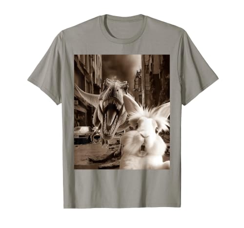 Funny Bunny Rabbit Selfie with T-Rex Tyrannosaurus Dinosaur T-Shirt — design detail