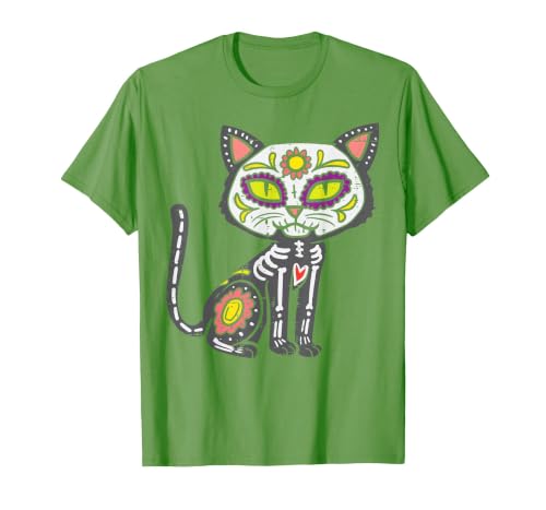 Halloween Cat Shirts For Women Men Kids Owner Sugar Skull Cat Dia De Muertos Day of Dead Halloween Mexican T-Shirt - size
