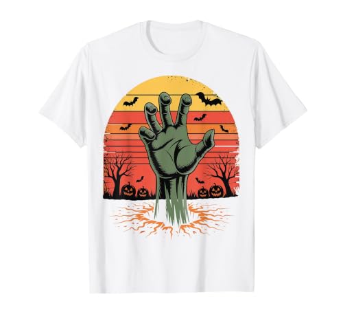 Creepy Undead Zombie Hand Retro Sunset Scary Zombie Hand Retro Sunset Halloween Horror Tee T-Shirt - size chart