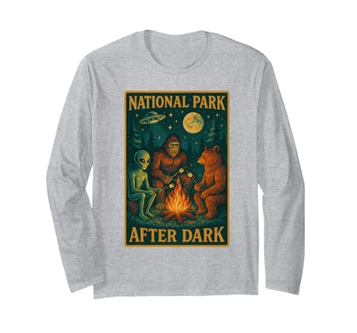 National Park After Dark Tee National Park After Dark: Alien Bigfoot Bear Camping Long Sleeve T-Shirt - size chart