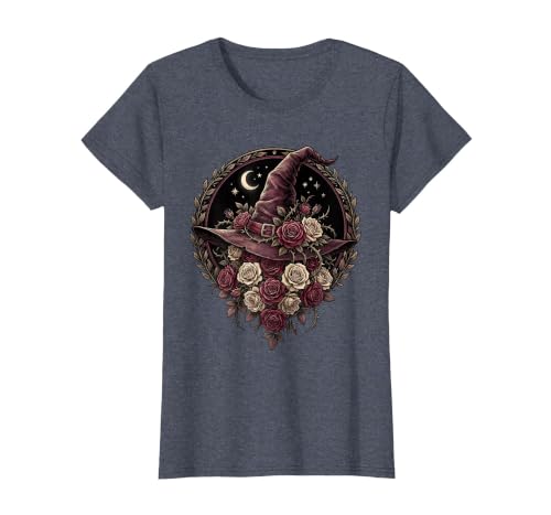 Mademark Witch Hat Black Roses Halloween Women's Design T-Shirt - size chart
