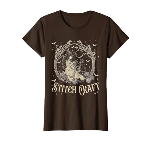 Witch Black Cat Halloween Witches Crochet Womens Stitch Craft Salem Witch Halloween Cat Witch Girls Trip T-Shirt - size chart