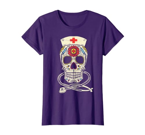 Halloween Nurse Shirts For Women Scrub Costumes Nurse Sugar Skull Stethoscope RN Medical Halloween Costume T-Shirt - size