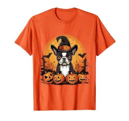 Boston Terrier Bostie Dog Halloween Designs Boston Terrier Bostie Dog Breed Pet Halloween Pumpkins T-Shirt - size chart