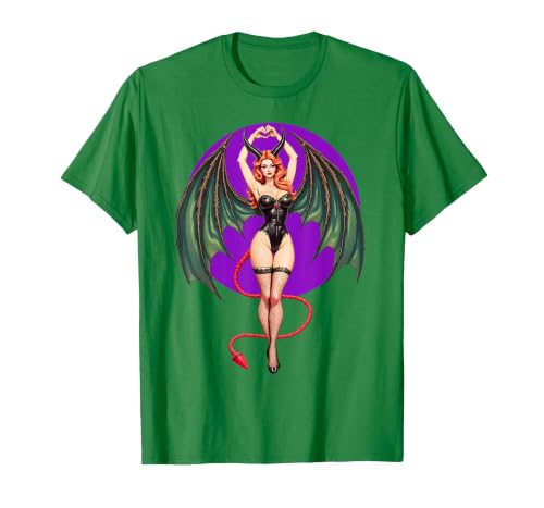Classic Vintage Pin-Up Sexy Girl by YUX Sexy Succubus Monster Halloween Hand Heart Pin-Up Girl Devil T-Shirt - size chart