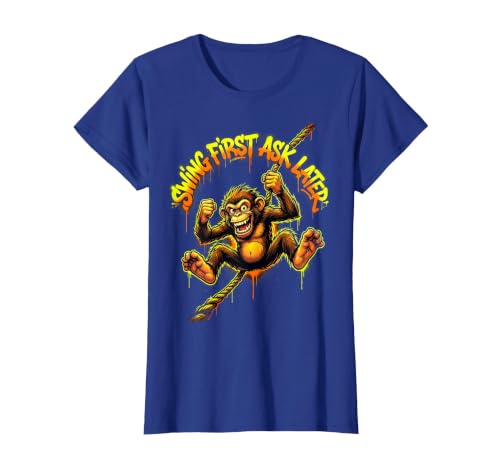 Mademark Swing First Ask Later Funny Monkey Design T-Shirt - Women - size chart