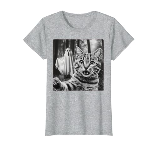 Halloween Cat Selfie with Spooky Ghost t -shir t Halloween Cat Selfie with Spooky Ghost T-Shirt - size chart