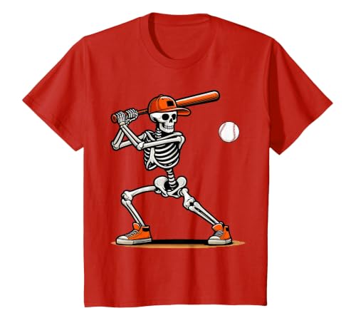 Funny Halloween Skeleton Sports Boys Costume Baseball Skeleton Spooky Boys Halloween Baseball Player T-Shirt - size chart