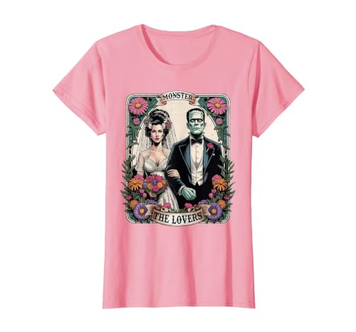 The Lovers Tarot Card Spooky Halloween Women Men The Monster Frankenstein and Bride The Lovers Tarot Card T-Shirt - size