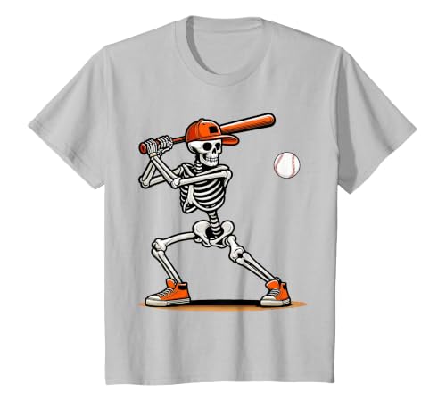 Funny Halloween Skeleton Sports Boys Costume Baseball Skeleton Spooky Boys Halloween Baseball Player T-Shirt - size chart