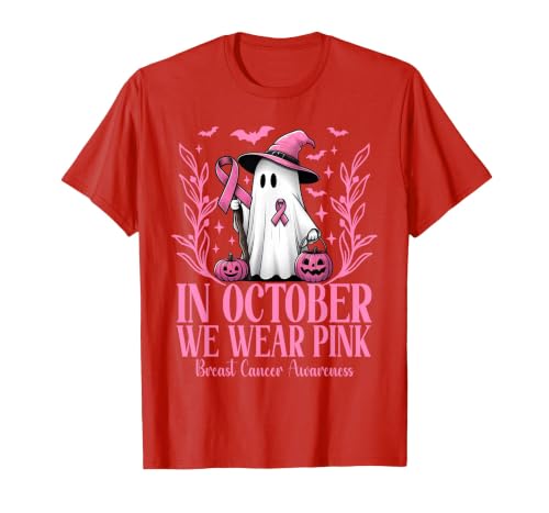 Arich.Tee's Breast Cancer Awareness Ghost in October We Wear Pink Breast Cancer Witch Ghost Halloween T-Shirt - size chart