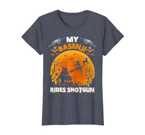 Basenji Dog Witch Halloween Gifts My Basenji Rides Shotgun Basenji Dog Halloween T-Shirt - size chart