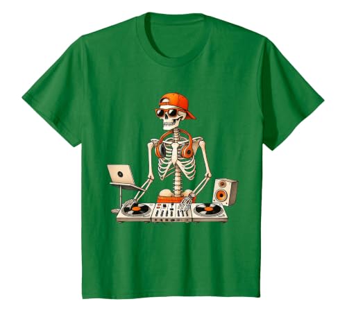 Funny Skeleton DJ Halloween Men Outfit Skeleton DJ Halloween Costume Turntable Music Funny Men Boys T-Shirt - size chart
