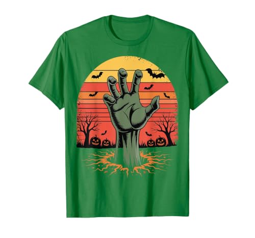 Creepy Undead Zombie Hand Retro Sunset Scary Zombie Hand Retro Sunset Halloween Horror Tee T-Shirt - size chart