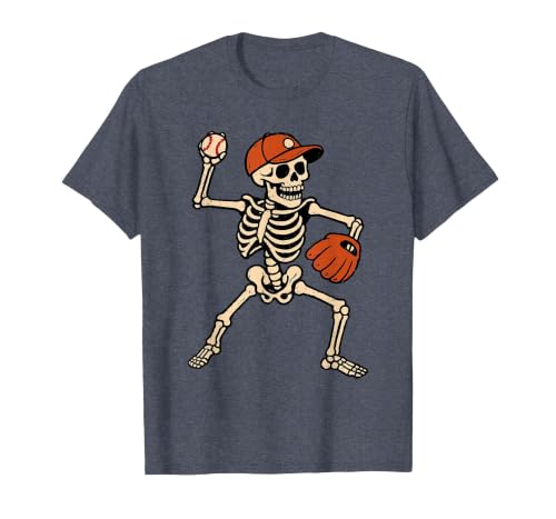 Funny Skeleton Baseball Tee Skeleton Baseball Halloween Costume Pitcher Sport Player T-Shirt - size chart