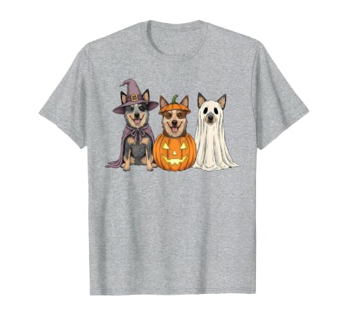 Funny Retro Australian Cattle Dog Halloween Witch Spooky Ghost Blue Heeler Pumpkin Halloween Dog Lover T-Shirt - size chart