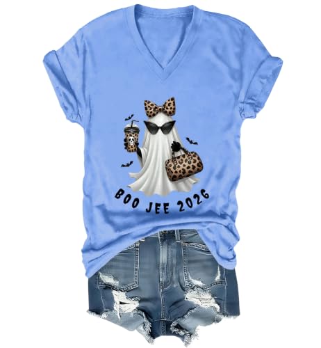 WQFQW Boo JEE 2026 Ghost Funny Halloween Leopard Print Ghost Shirt for Women - size chart