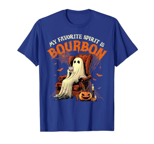 Bourbon Ghost Funny Halloween Drinking Apparel My Favorite Spirit is Bourbon Funny Halloween Ghost T-Shirt - size chart