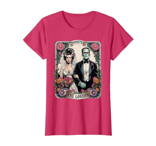 The Lovers Tarot Card Spooky Halloween Women Men The Monster Frankenstein and Bride The Lovers Tarot Card T-Shirt - size