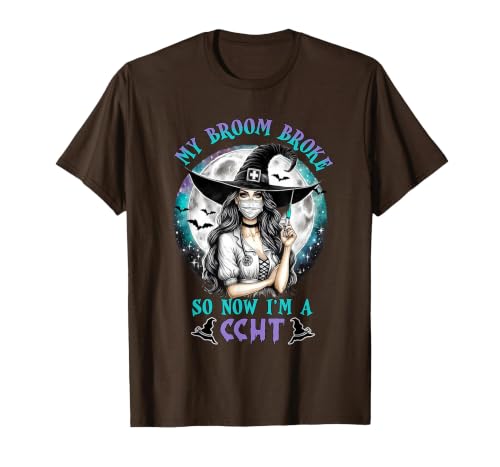 CCHT Dialysis Technician My Broom Broke So Now I'm a CCHT Dialysis Tech Halloween T-Shirt - size chart