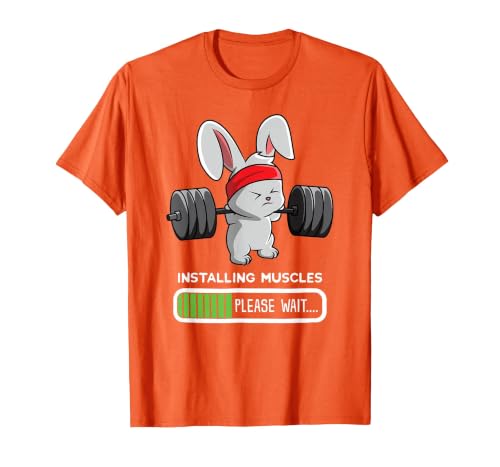 Bunny Gym Rabbit Weights Installing Muscles T-Shirt — design detail