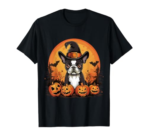 Boston Terrier Bostie Dog Halloween Designs Boston Terrier Bostie Dog Breed Pet Halloween Pumpkins T-Shirt - size chart