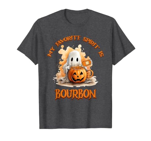 Boo Watercolor Pumpkin Cup Light Witch Hat Bottle Bourbon My Favorite Spirit is Bourbon Happy Halloween Boo T-Shirt - size