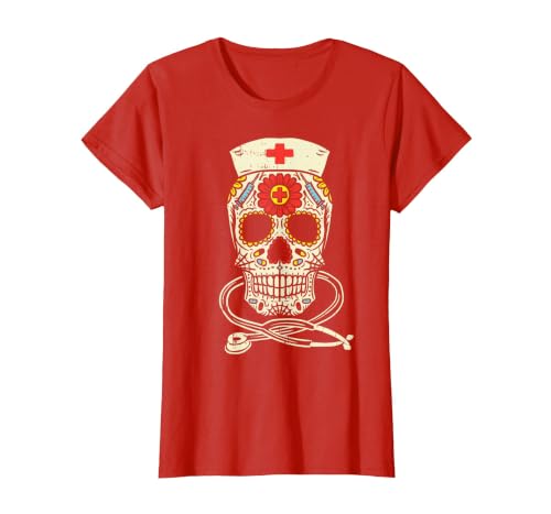 Halloween Nurse Shirts For Women Scrub Costumes Nurse Sugar Skull Stethoscope RN Medical Halloween Costume T-Shirt - size