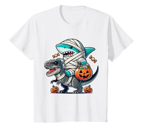 Funny Shark Dinosaur Halloween Kids Boys Tees Shark Riding Dinosaur T-rex Funny Halloween Pumpkin Boys Kid T-Shirt - size