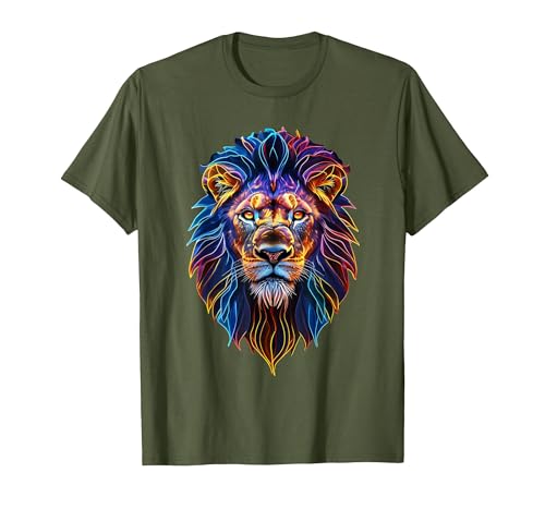 Psychedelic Jungle Glow Animal Art Glow Lion Head Art Psychedelic Jungle Animal Face T-Shirt - size chart